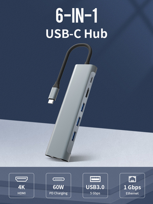 5Gbps Data Ports USB C Hub 6 In 1 With 4K HDMI 60W Power Delivery